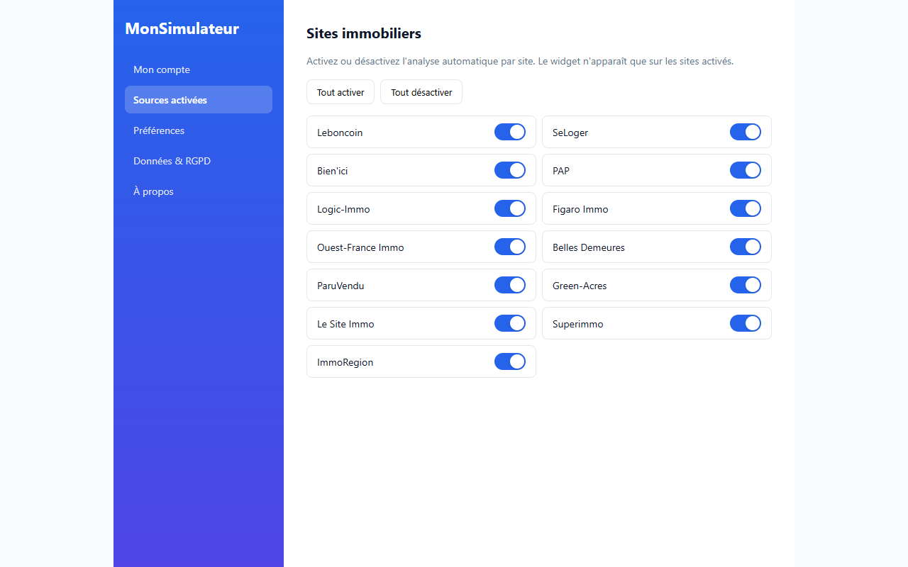 Settings: supported sites